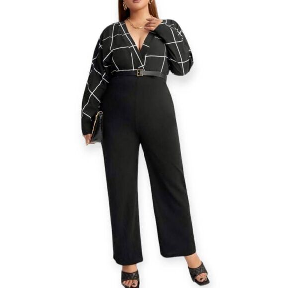 SHEIN BLACK & WHITE GRID PRINT JUMPSUIT SZ.4XL EUC - Picture 1 of 8